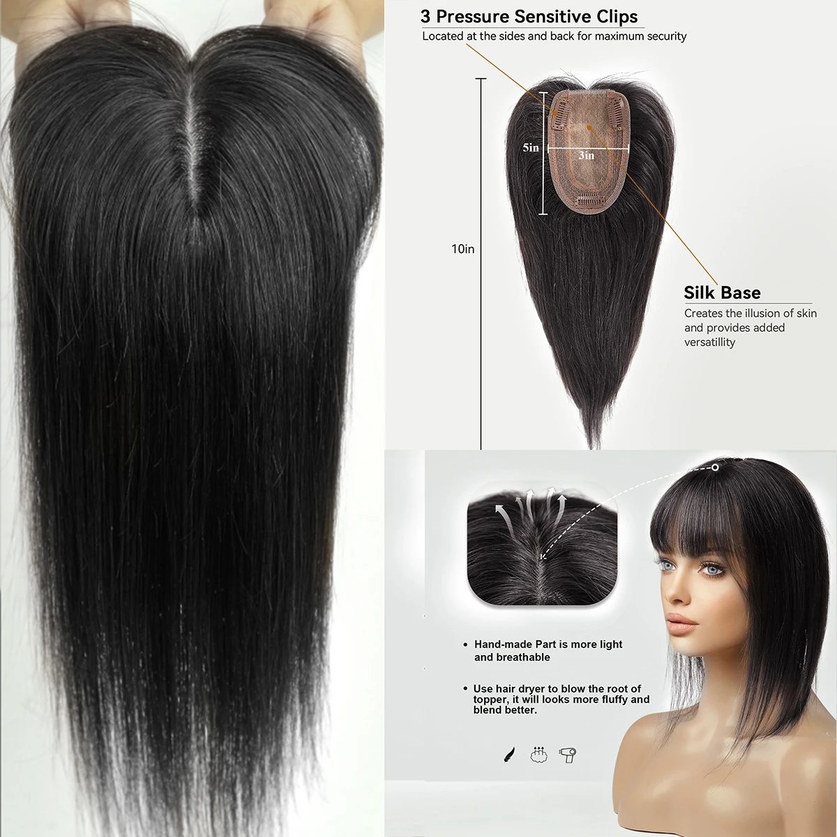 Schwarz/14inch Echthaar Topper mit Pony Clip in Topper Top Haar teile für Frauen mit dünner werdender Haar verlängerung