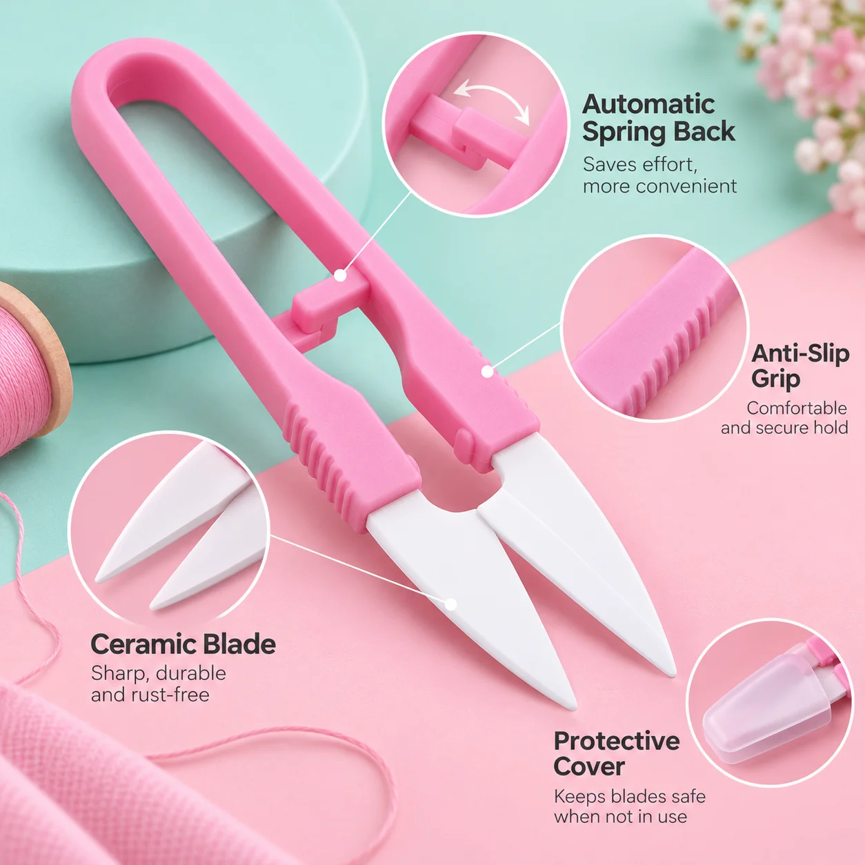 U-Shape Ceramic Thread Snips, Colorful Small Yarn Scissors, Rustproof Cross Stitch Cutter with Protective Cover