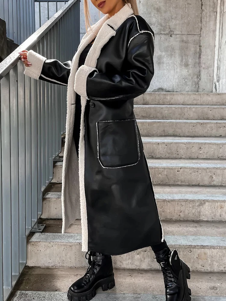 2024 Turn-Down Collar PU Leather Women Long Jacket Autumn Winter Thick Warm Outerwear Solid Belt Streetwear Coats Dropshipping