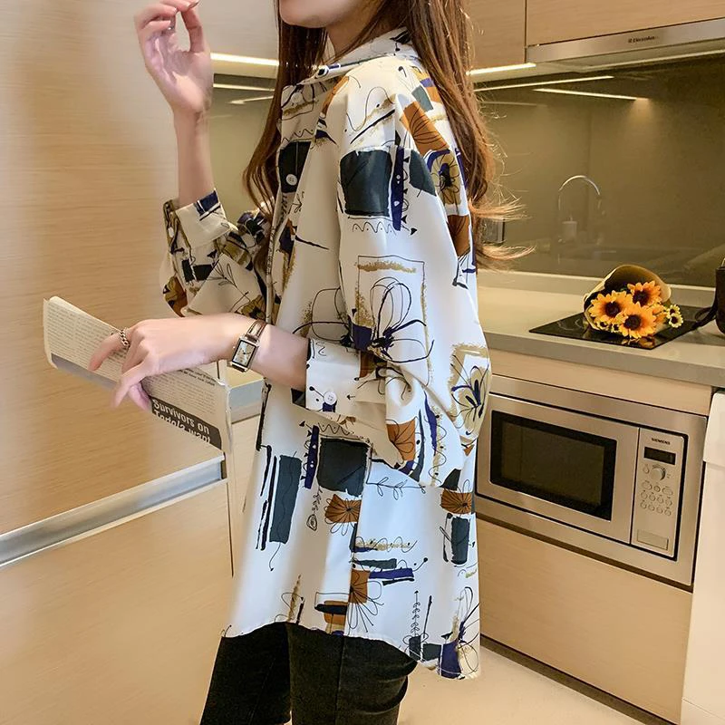 Spring Autumn Y2K Korean Trend Print Lady Blouse Buttons Long Sleeve Chiffon Shirt Elegant Fashion All-match Blouse Top Women