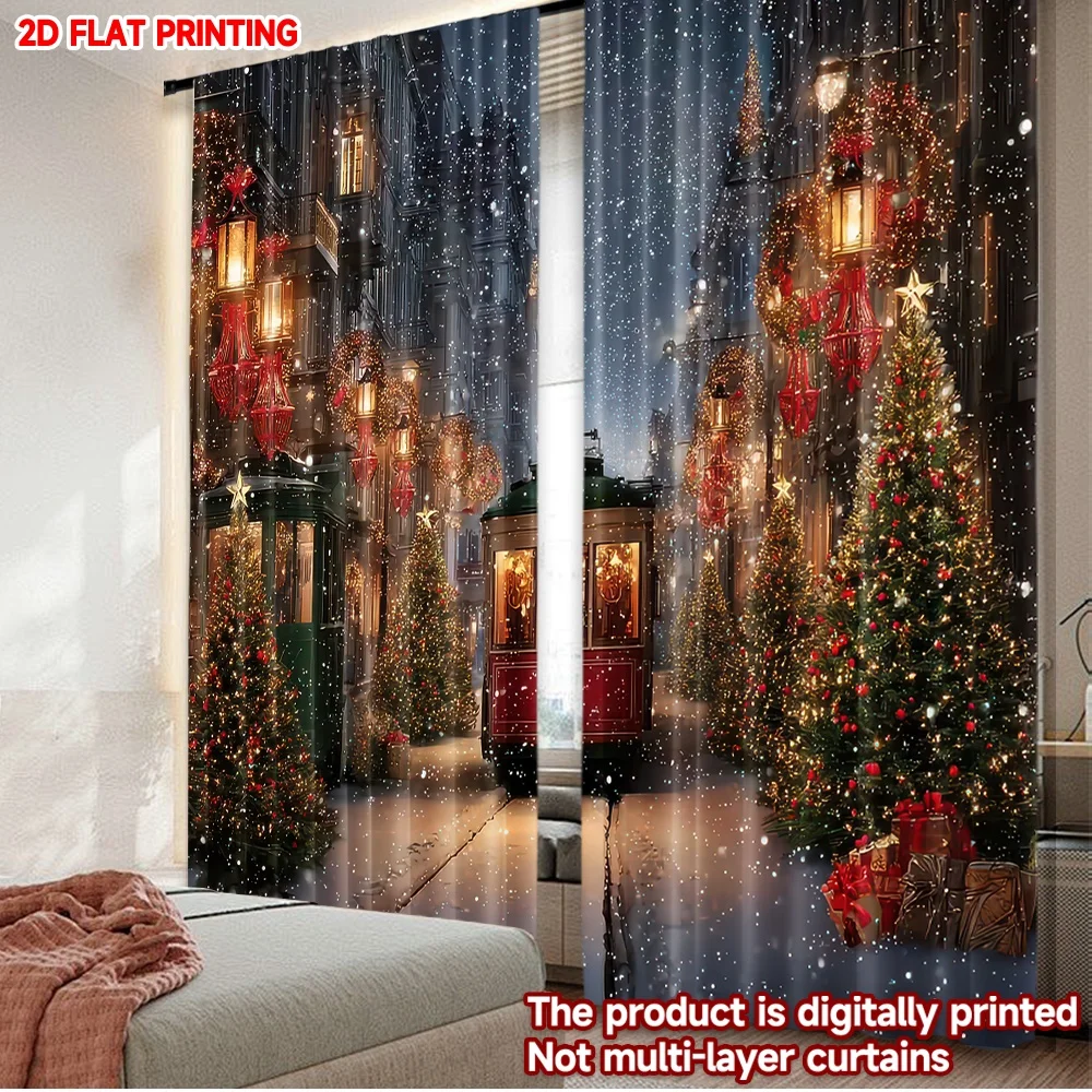 2D-Flachdruck, 2 Stück, Weihnachtsvorhänge, Weihnachtsnacht, Straßenszene, digital bedruckte Polyester-Vorhänge, Geburtstagsfeier, perfekt