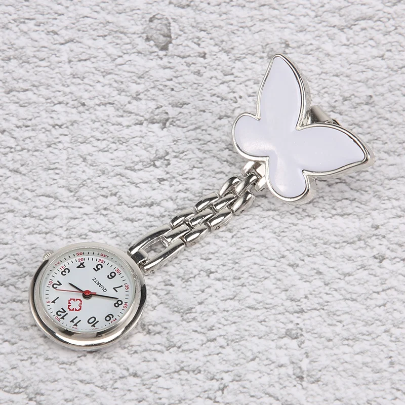 Montre de poche pour infirmières, moniteur de fréquence cardiaque, à quartz, motif papillon blanc