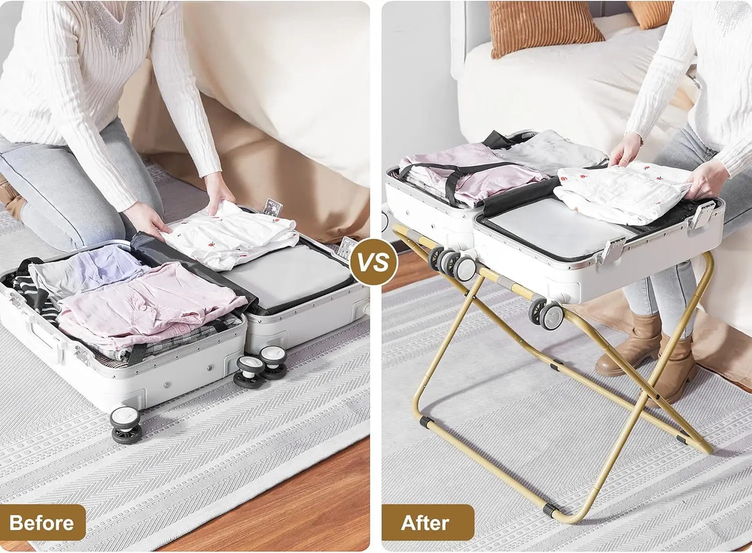 객실용 수하물 선반 2팩, 접이식 여행 가방 스탠드, 헤비 듀티 110LBS 하중 베어링 쉽게 수하물 홀더 조립, 골드