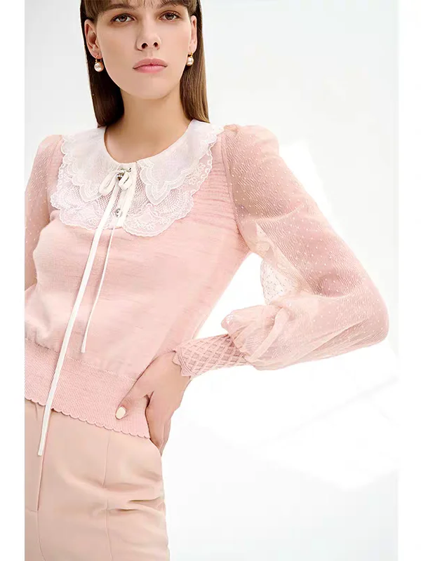 Серия Red Bead Зимний вязаный шерстяной свитер с тяжелой вышивкой Pearl Long Sve Свободный крой на пуговицах Кружевная панель Смесь ледяного шелка