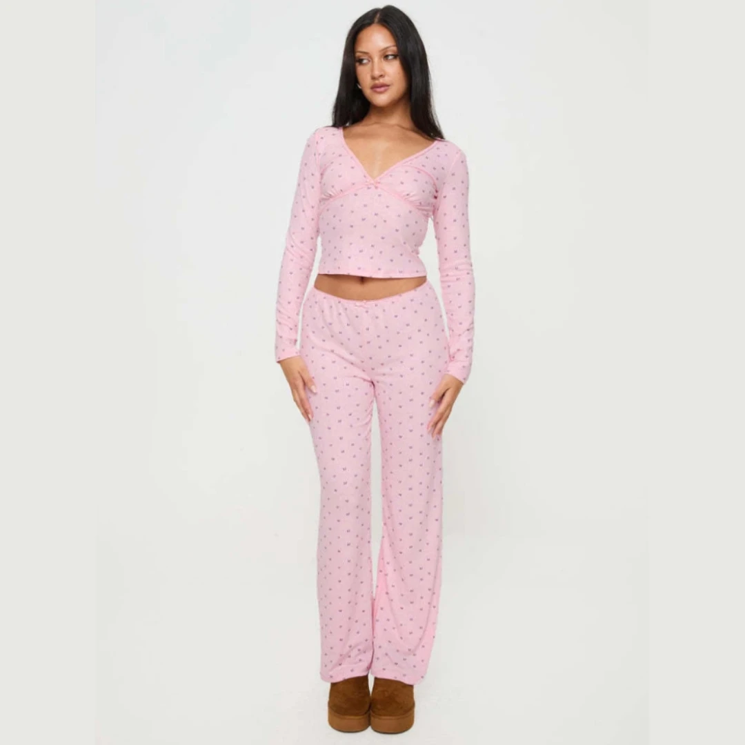 

Pink Pajama Set with Polka Point Print V-neck Long-sleeved and Long Pants Cardigan Home Wear Christmas Gifts for Women