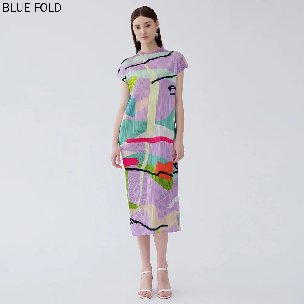 

MIYAKE Half-high Neck Pleated Dress 2025 Summer New Korean Version Comfortable Temperament Waist-cinching Printed A-line Dress