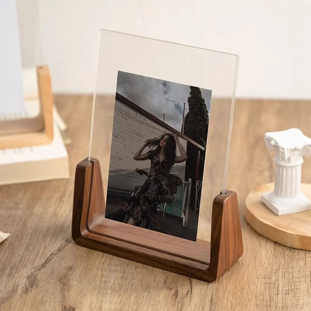 Walnut Wood Acrylic Photo Frame Transparent Acrylic Beech Wood Wooden Photo Frame Desktop Standing U Shape Design