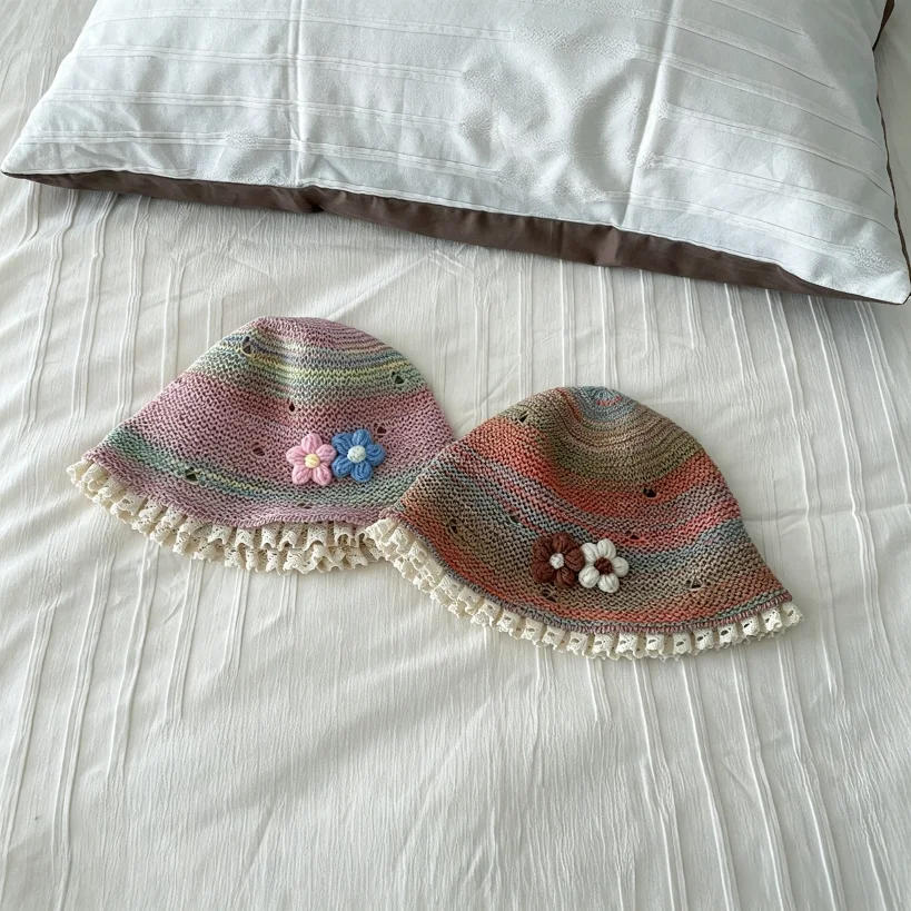Girls Crochet Bucket for kids Hat Rainbow Stripe Lace Trim with Flowers Toddler Sun Protection Beach Photo Prop Fisherman's Cap