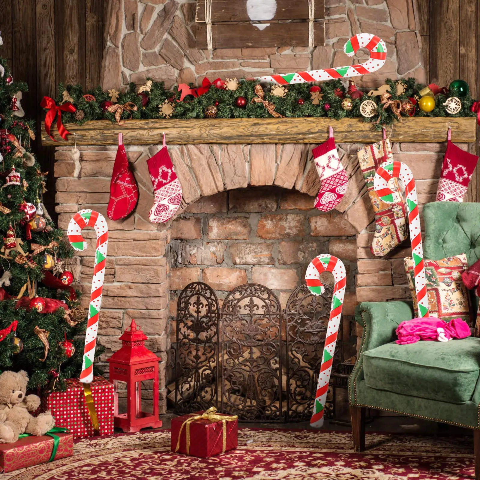 

4Pcs Christmas Inflatable Candy Canes Festive PVC Balloons for Indoor Outdoor Holiday Party Kids Birthday Decorations
