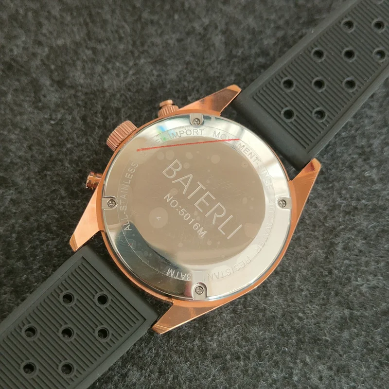 Montres à quartz pour hommes, chronographe, or rose, boîtier en acier inoxydable, bracelet en caoutchouc noir, horloge masculine, marque de luxe, 44mm, nouveau