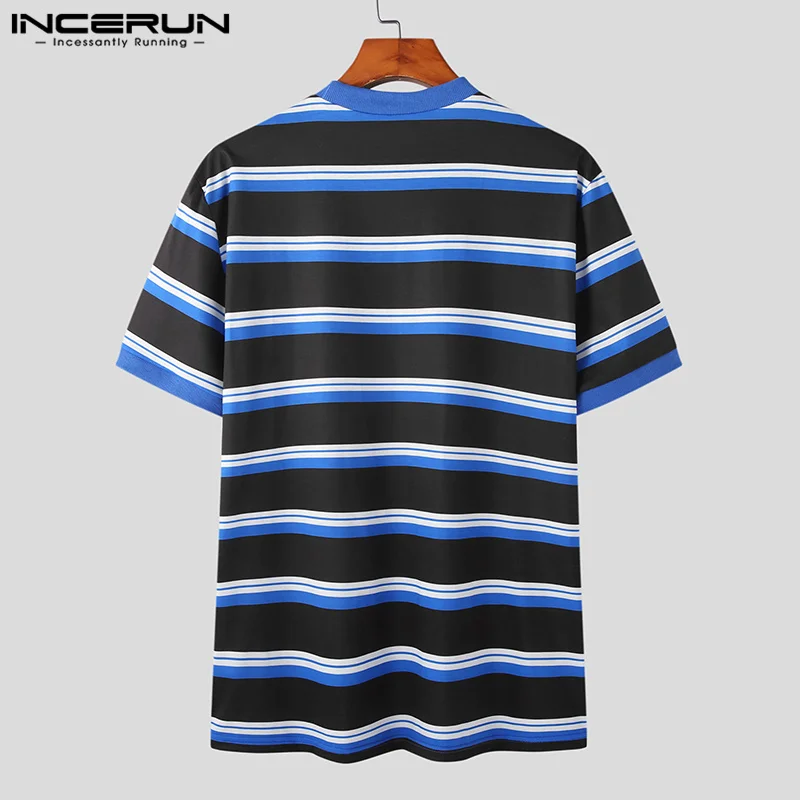 INCERUN Tops 2023 American Style Men\'s Patchwork Striped Button T-shirts Casual Streetwear Hollowed Short Sleeved Camiseta S-5XL