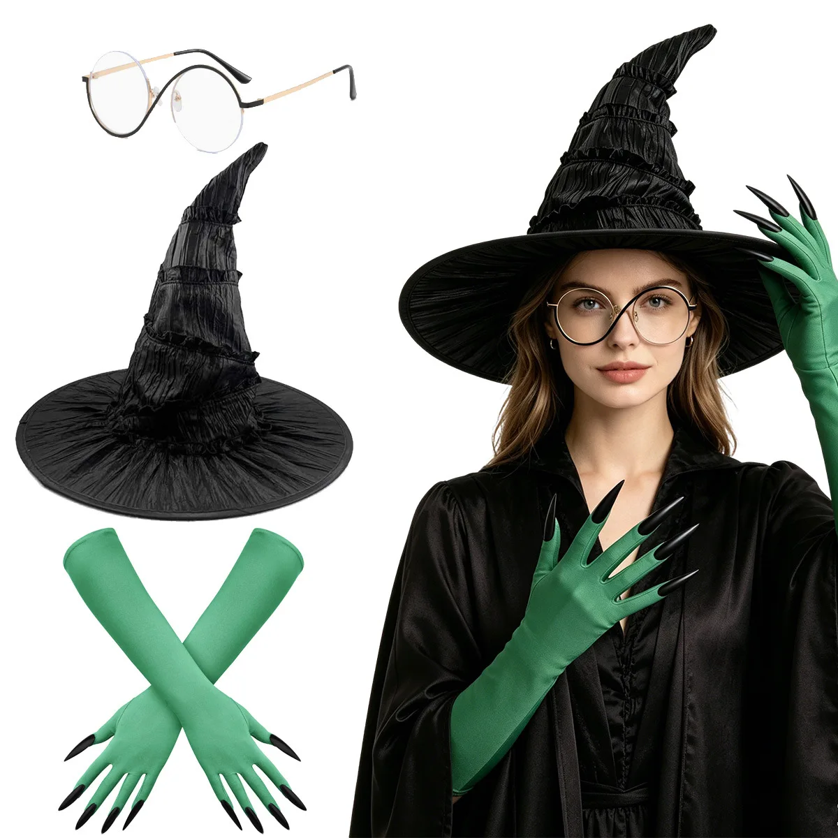 Halloween-Cosplay-Kostümset: Zauberhut, Umhang, Handschuhe, Brille, Socken, Hexen-Bühnen-Show-Accessoires, Cosplay-Requisiten für Damen