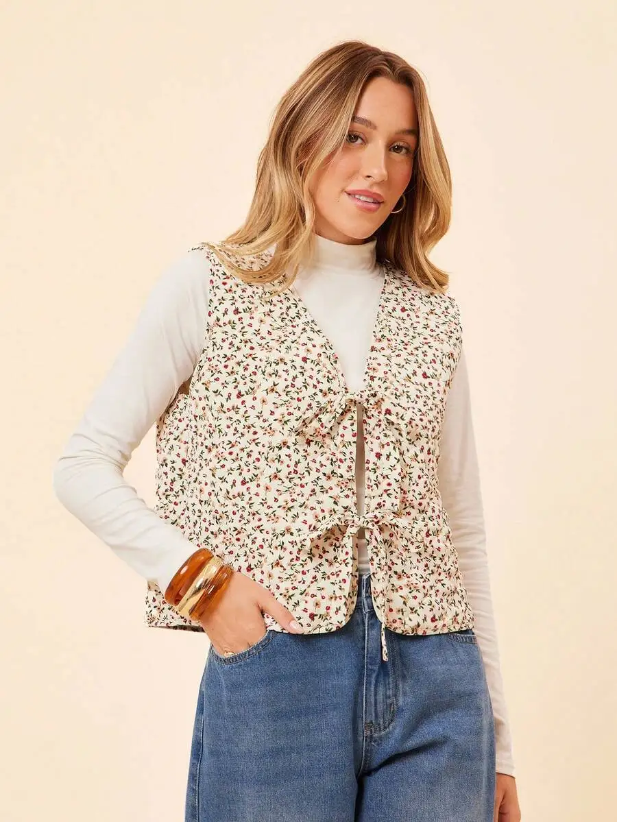 

Женский жилет без рукавов с цветочным принтом и завязками спереди, повседневная верхняя одежда для весны и осени