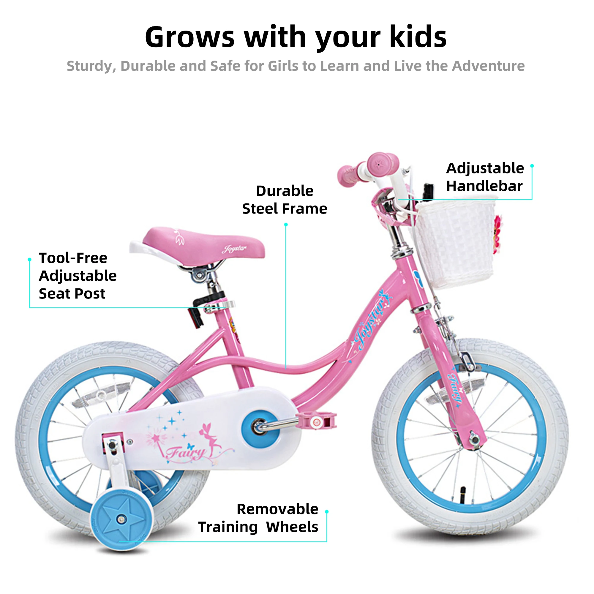 JOYSTAR Girls Bike for Toddlers and Kids Ages 2-8 Years, 12 14 16 18 Inch Kids Bike with Training Wheels, Handbrake and Basket