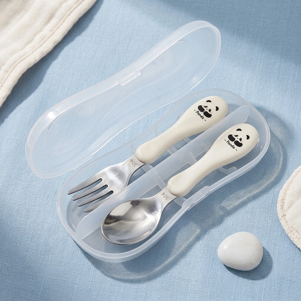 Premium Portable Professional Stainless Steel Baby Feeding Spoon Fork Set Cute Panda Design Toddler Kids Tableware with Storage