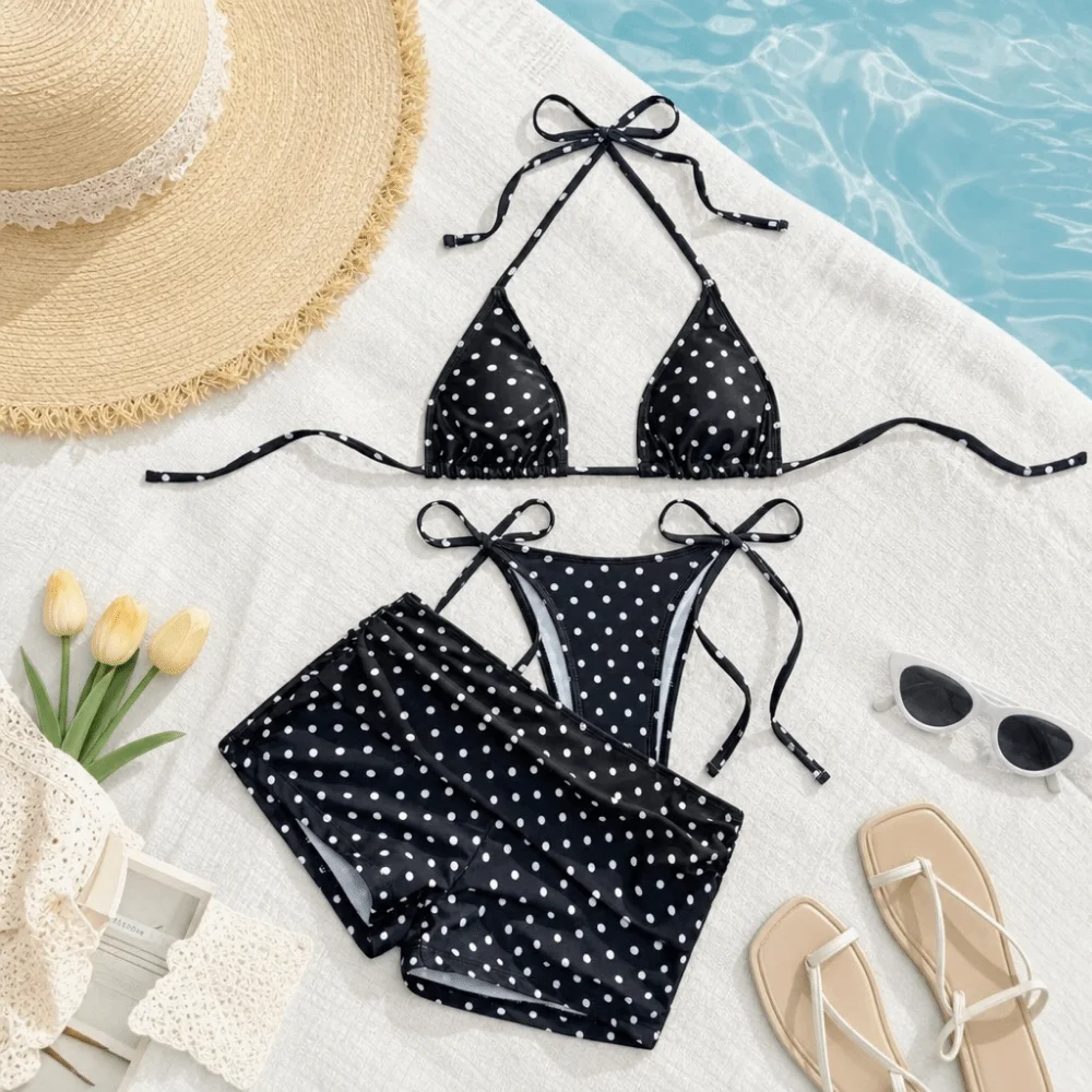 3pcs Elegant Halter 3-Piece Swimwear Dot Print Deep V Bikinis Set Lace Up Slim Fit Bathing Suits Summer Season