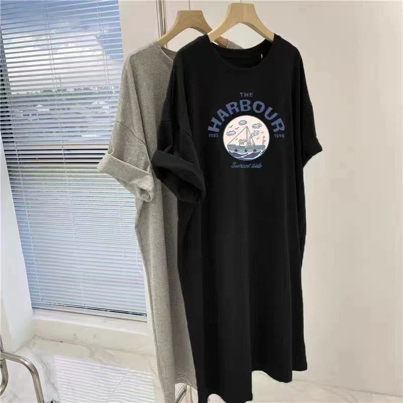 Korean Summer Long Knee Length Skirt Short Sleeved T-Shirt Skirt Women's Split Letter Printed Round Neck Loose Fitting Dress