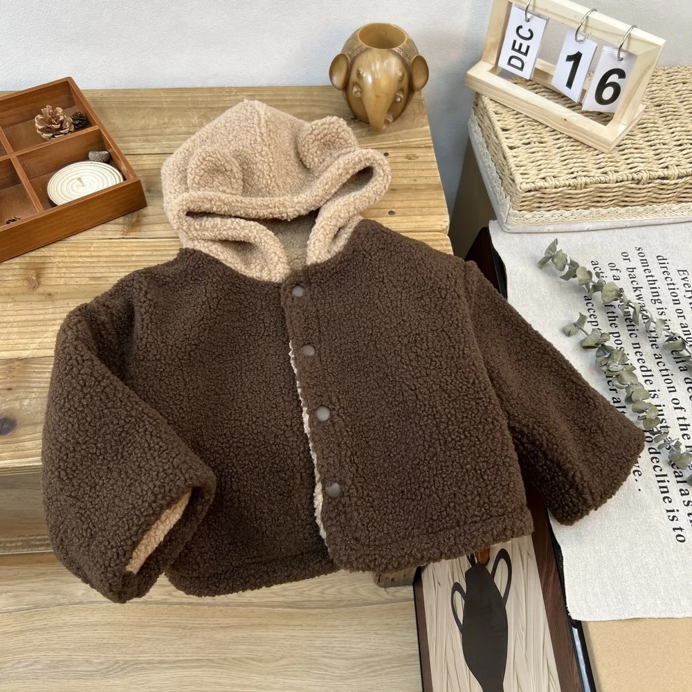 2-6 Years Autumn Winter Girls Jacket Solid Color Splicing Hooded Style Plush Thick Keep Warm Coat For Kids Children Present