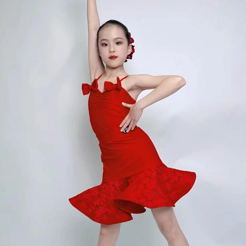 2025 라틴 댄스 의상 어린이 빨간 활 민소매 연습 세트 소녀 삼바 성능 착용 라틴 피쉬 본 스커트 세트 XH2587