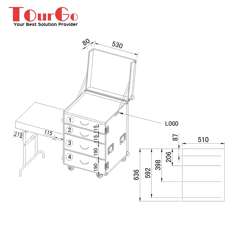 TourGo Workstation Rack Flight Cases Drawers With Side Table