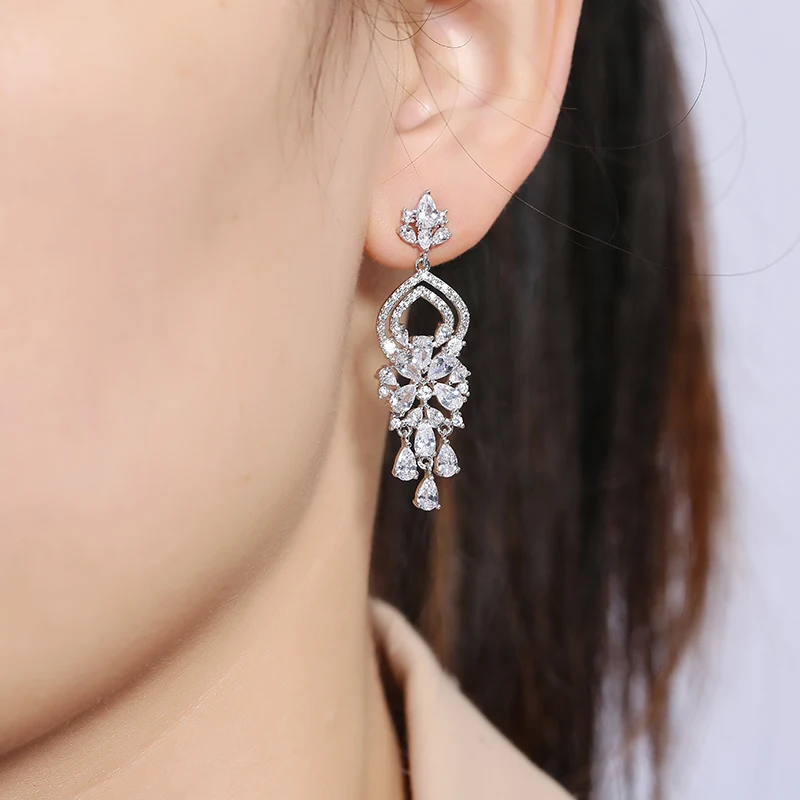 ZAKOL Fashion Water Drop Zircon Dangle Earrings For Women Luxury White Leaf Drop Earrings Bridal Wedding Party Jewelry