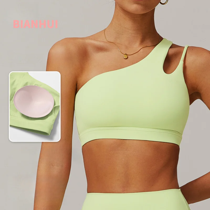 

BIANHUI Women Underwear Asymmetrical Shoulder Shockproof Yoga Bra Beauty Back Sports Fitness Bras Running Sexy Workout Vest