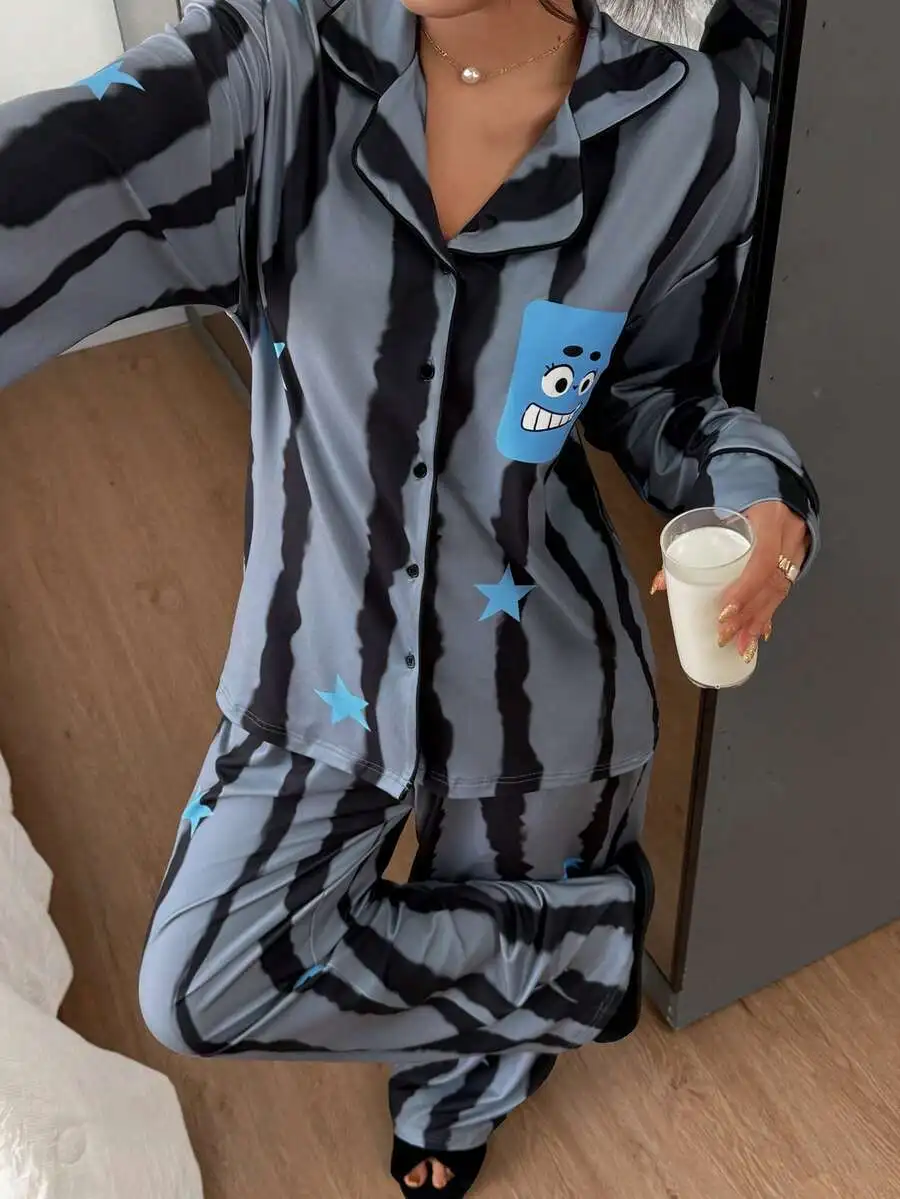 

2pcs Striped Star Print Loose Long Sleeve Pajama Set With Cartoon Pocket For Women