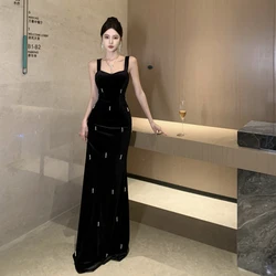 Black Velvet Long Evening Dress Women Y2k Retro Sleeveless Sexy Bodycon Party Gown Mermaid Fishtail Maxi Formal Dress