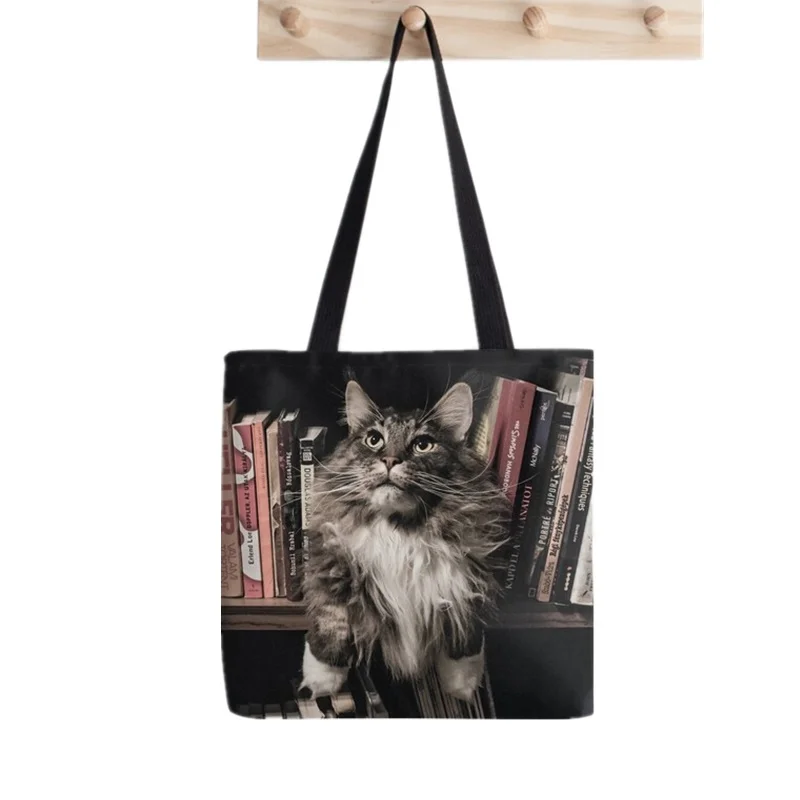 

Women Shopper bag Library cats Tea Party Cat Book Bag Harajuku Shopping Canvas Shopper Bag girl handbag Tote Shoulder Lady Bag