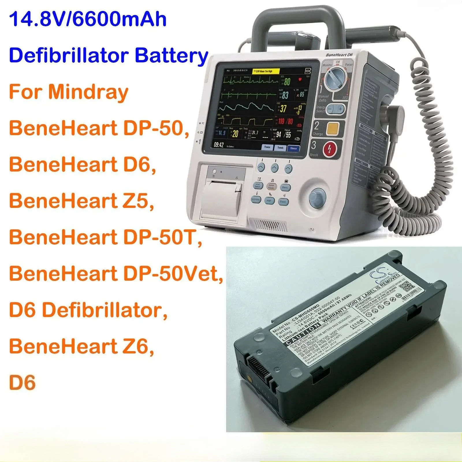 Cameron Sino 6600mAh Battery for Mindray BeneHeart D6, Z5, Z6, DP-50, DP-50T, DP-50Vet, D6 Defibrillator +TOOL