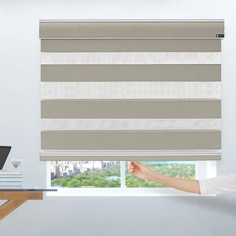 Popular aluminum cassette cordless thermal insulation waterproof dual layer manual spring control zebra blind for living room