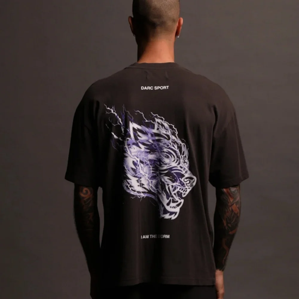 DARC SPORT Pure Cotton T-shirt - Lightning Wolf Head Print Round