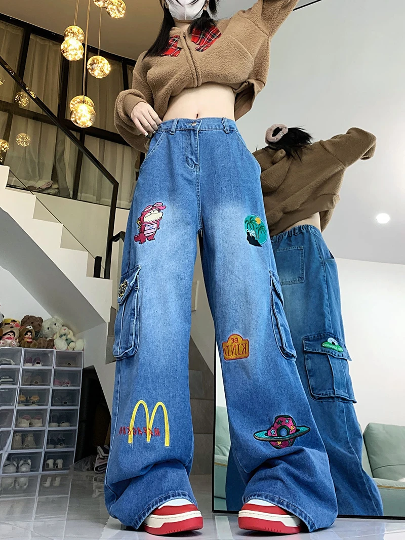 American Pink Cartoon Embroidered Baggy Cargo Mom Jeans for Women 2024 Spring New Waist Slimming Wide Leg Pants Trousers Female