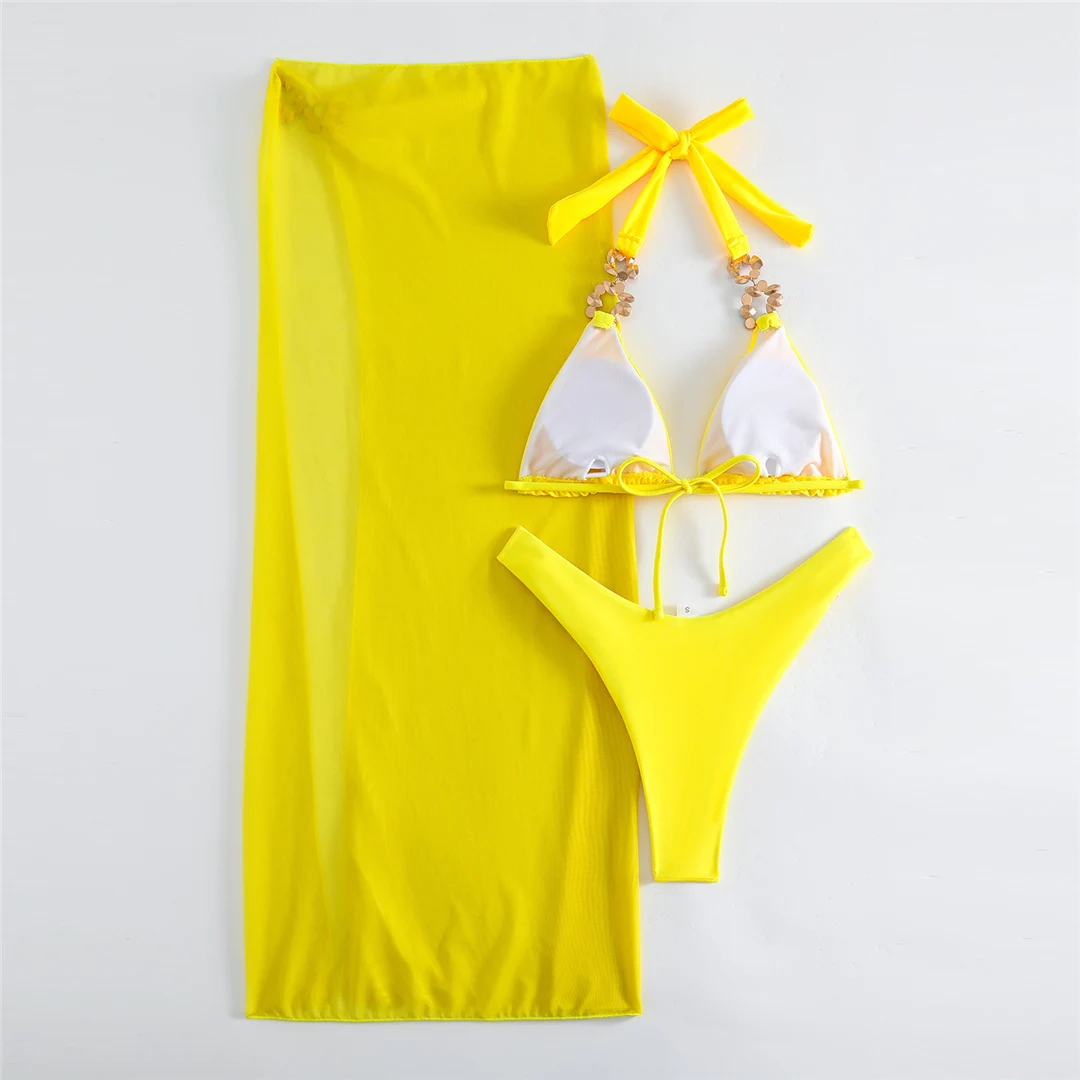 Diamantbesetzter Bikini mit Rock und Neckholder, dreiteiliger Badeanzug für Damen, Badebekleidung, Badeanzug, Schwimmanzug V4849 – Detail 33