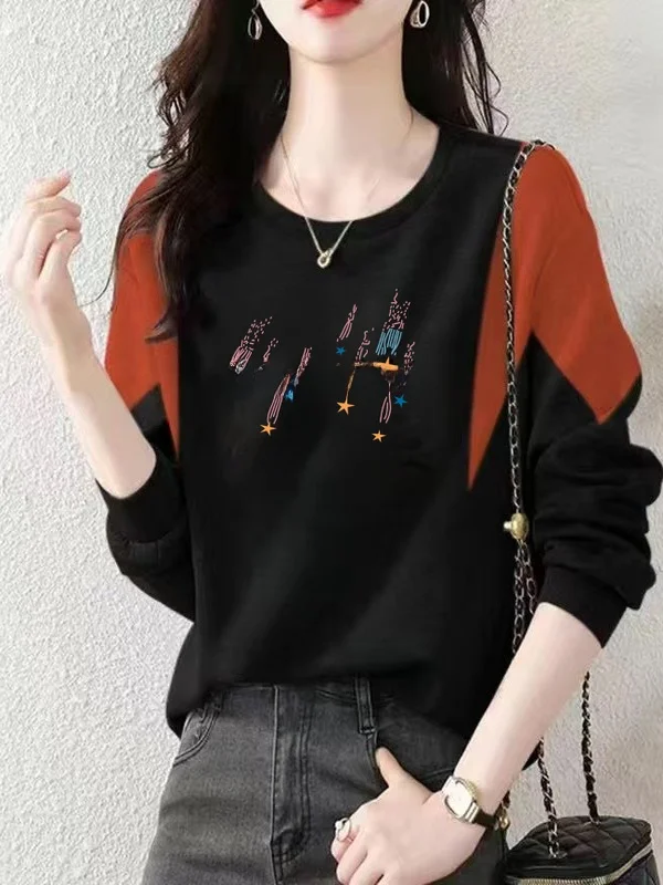 

Long Sleeve Fleece Lined Letter Print T-Shirt Women's Loose Fit Comfortable Slimming Base Layer Shirt Korean Style Top