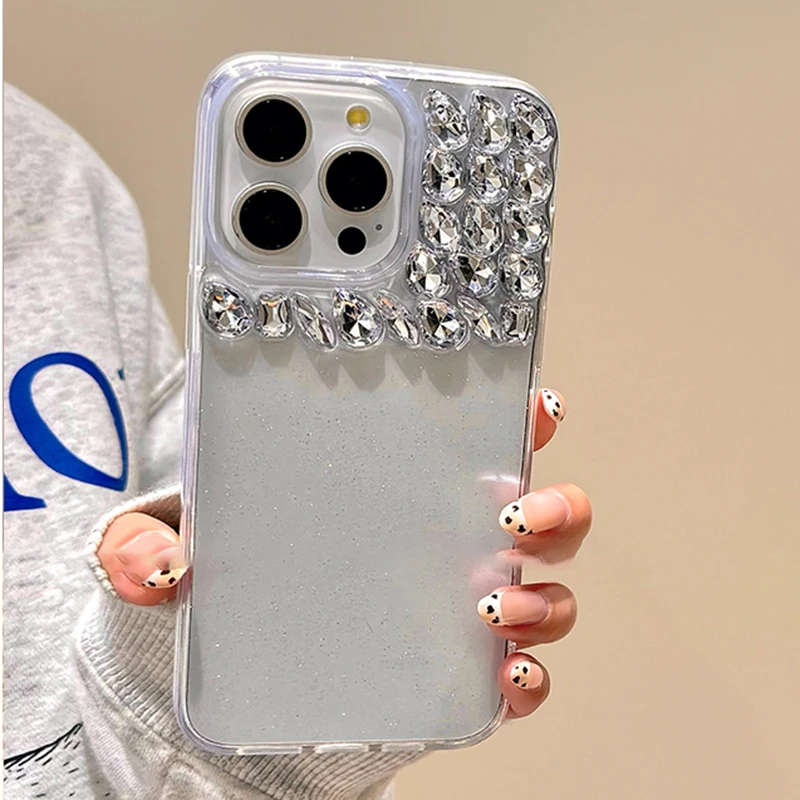 INS Luxury Glitter Epoxy Rhinestone Silver Foil Phone Case For Apple Phone 15 14 13 12 Pro Max Clear Shockproof Back Cover Funda