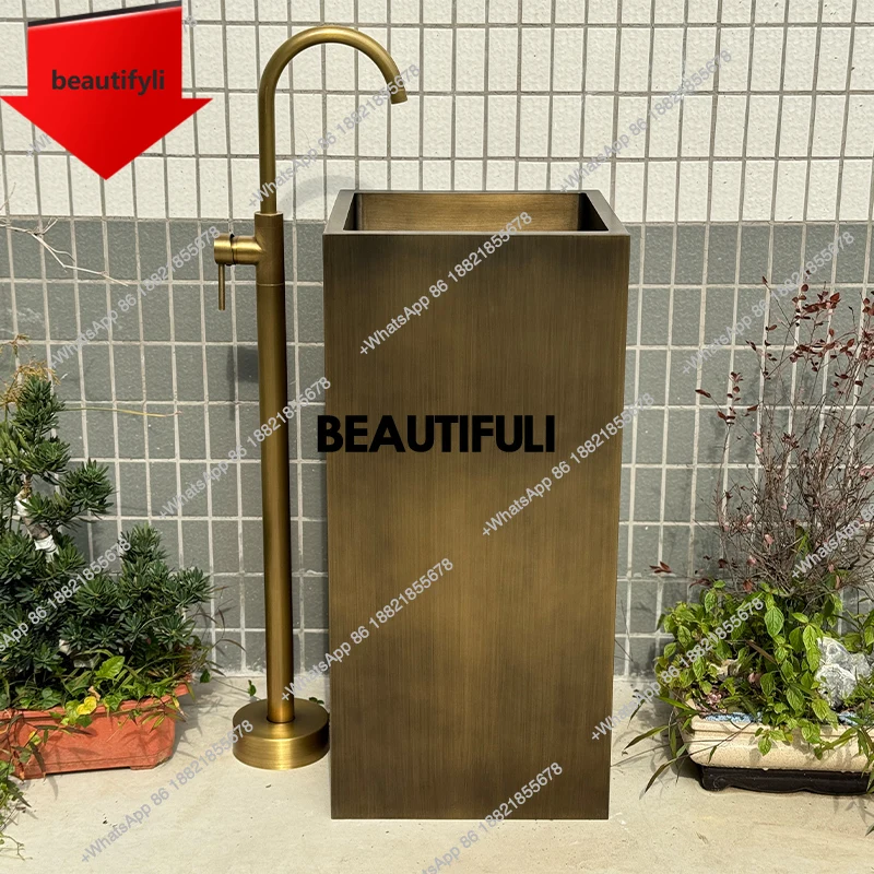 X188 Antique copper column wash basin Floor-to-ceiling retro stainless steel washbasin Simple outdoor courtyard B & B