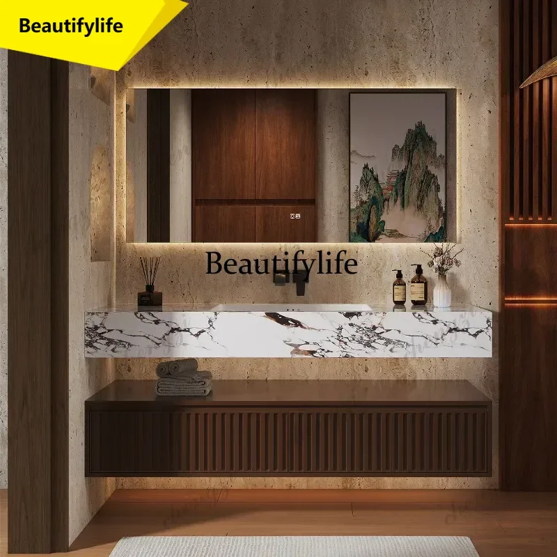 Retro wind rock slab seamless ceramic basin toilet double layer split rubber wood bathroom cabinet washstand  a17