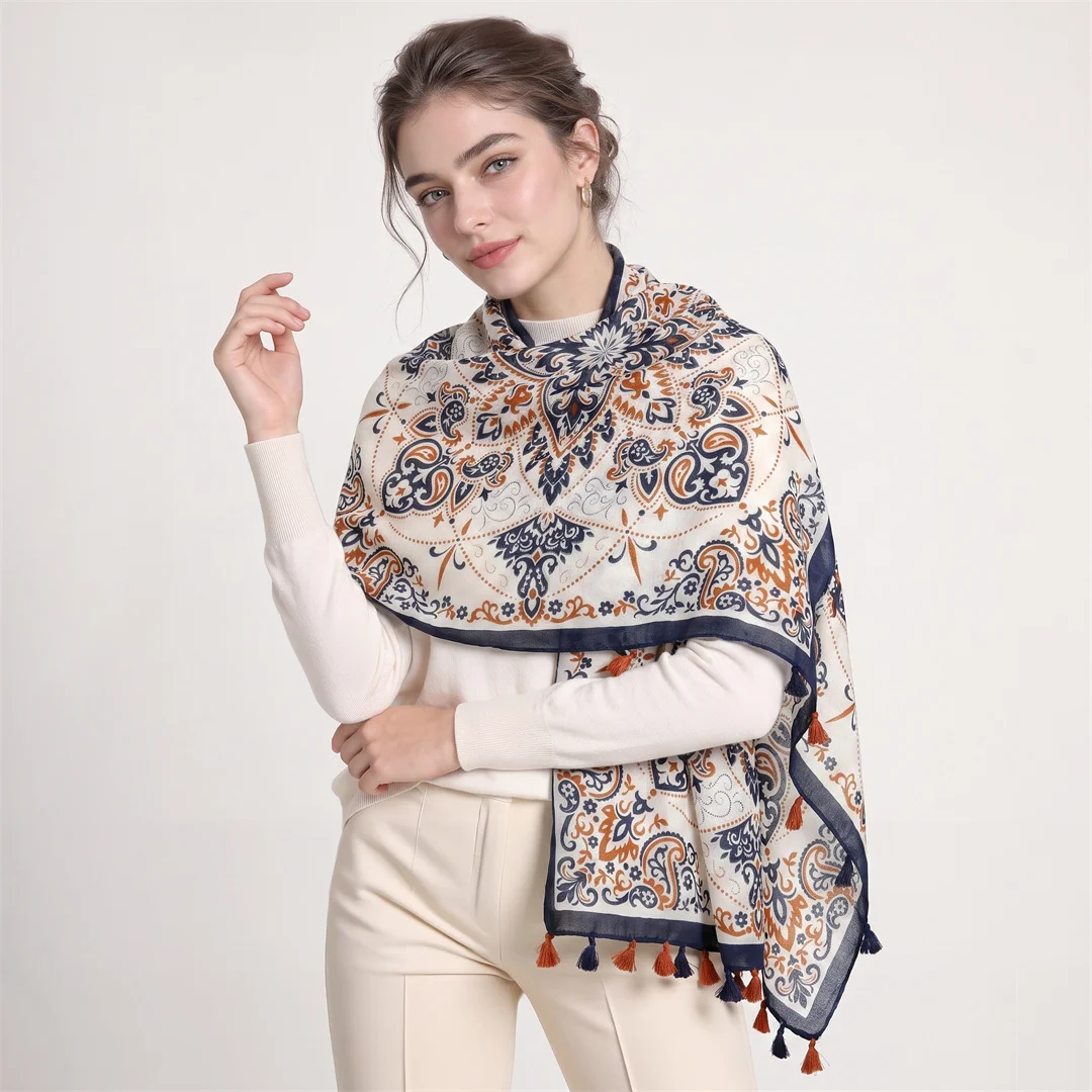 

Vintage Paisley Print Shawl Cotton Linen Feeling Tassel Scarf Lightweight Wrap Boho Neck Scarves For Daily Travel Outfit Decor