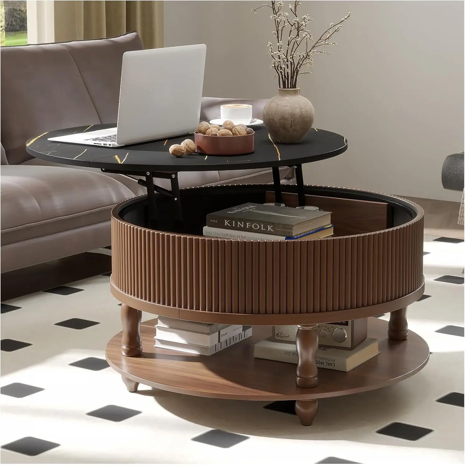 

Amazon Hot Sale Round Coffee Table with Lifting Top Mid-Century Modern Dining Table with Storage Table