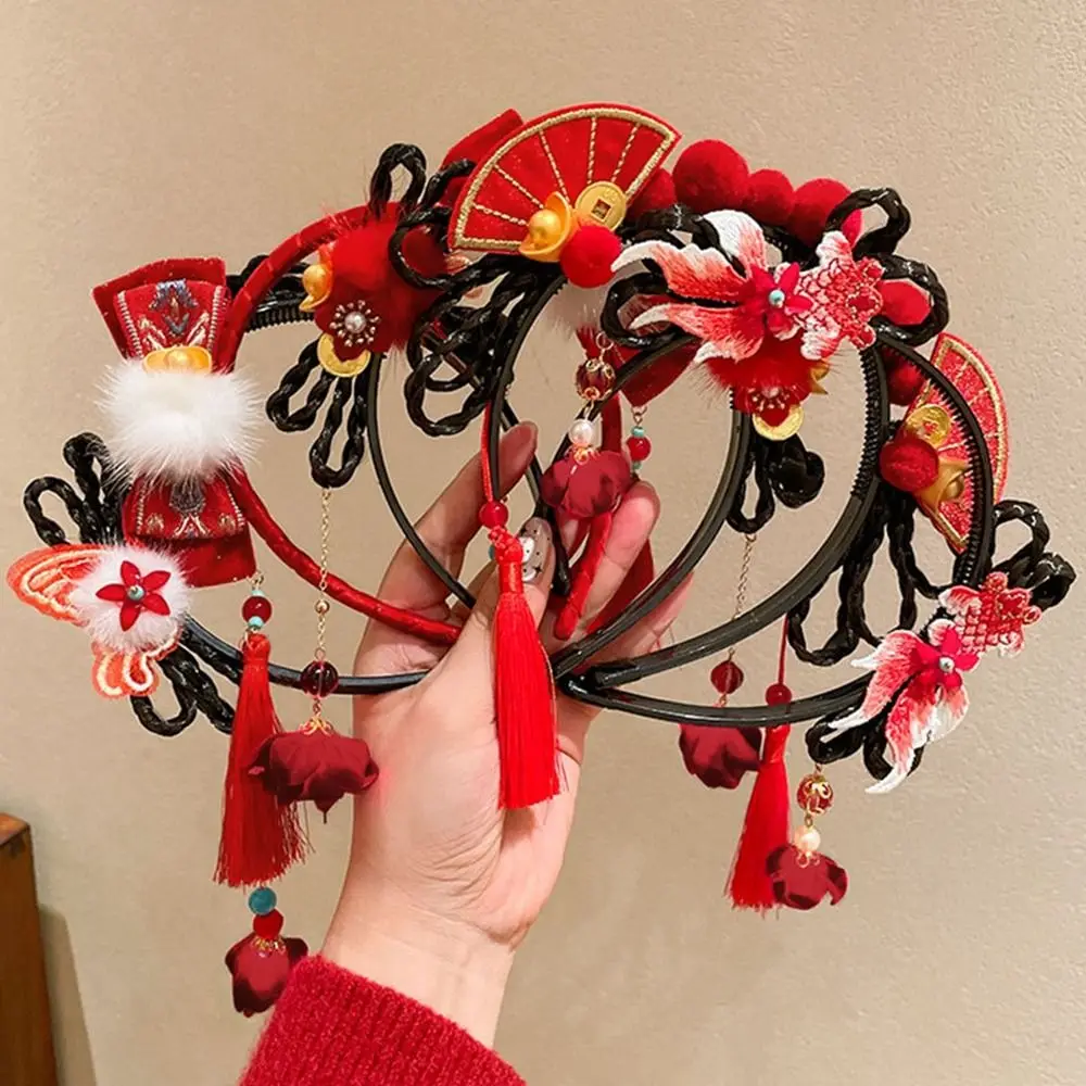 

Flower Children Wig Headband Braid Hair Tang Suit Hair Hoop Hanfu Hair Sticks Tassel Ancient Style Red Bow Hairband Children