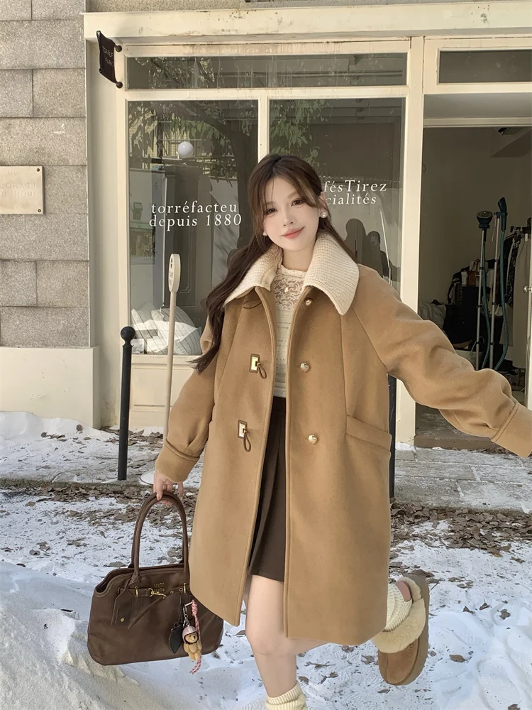 

2025Двустороннее шерстяное пальто в японском стиле с роговими пуговицами средней длины, миниатюрная модная осенне-зимняя шерстяная куртка для женщин