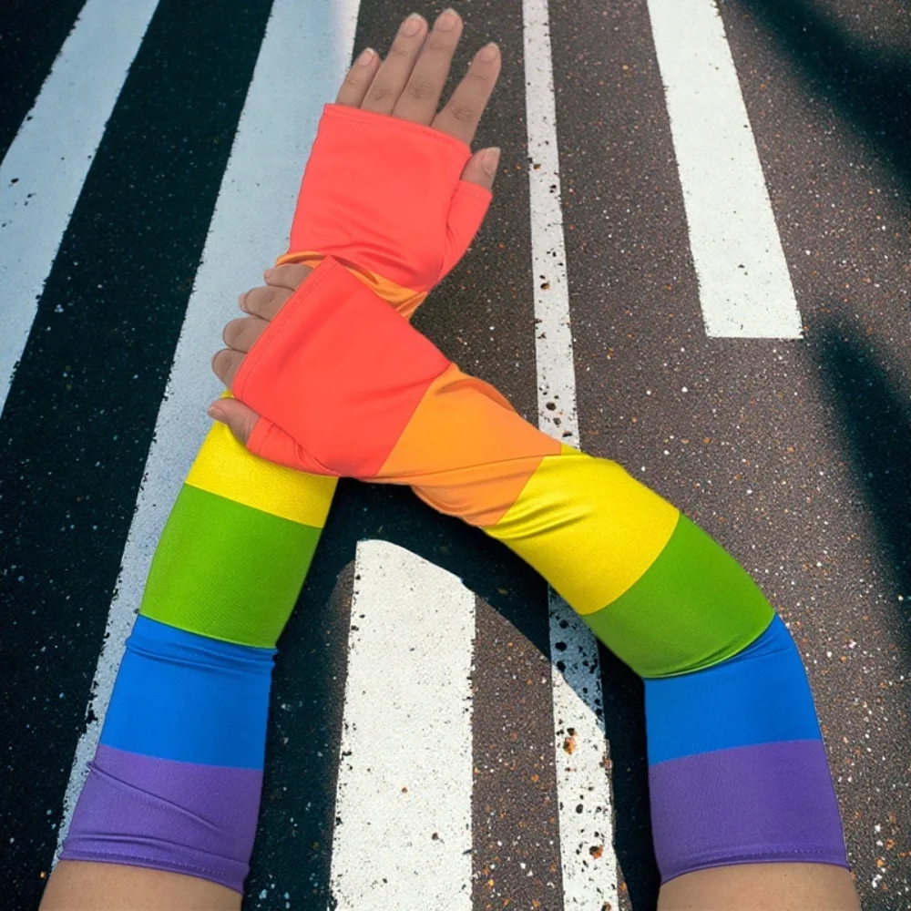 لينة تمتد قوس قزح قفازات طويلة هامش زي قوس قزح شرابة قفازات موضة موكب القفازات الملونة الطرف