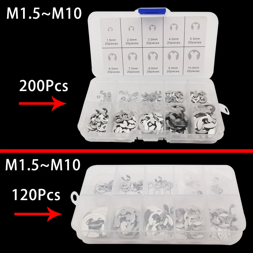 

M1.5~M10 Stainless Steel E-Clip Buckle-shaped Split Washer Assortment Kit E-type Shaft Fastener External Retaining Ring Circlip