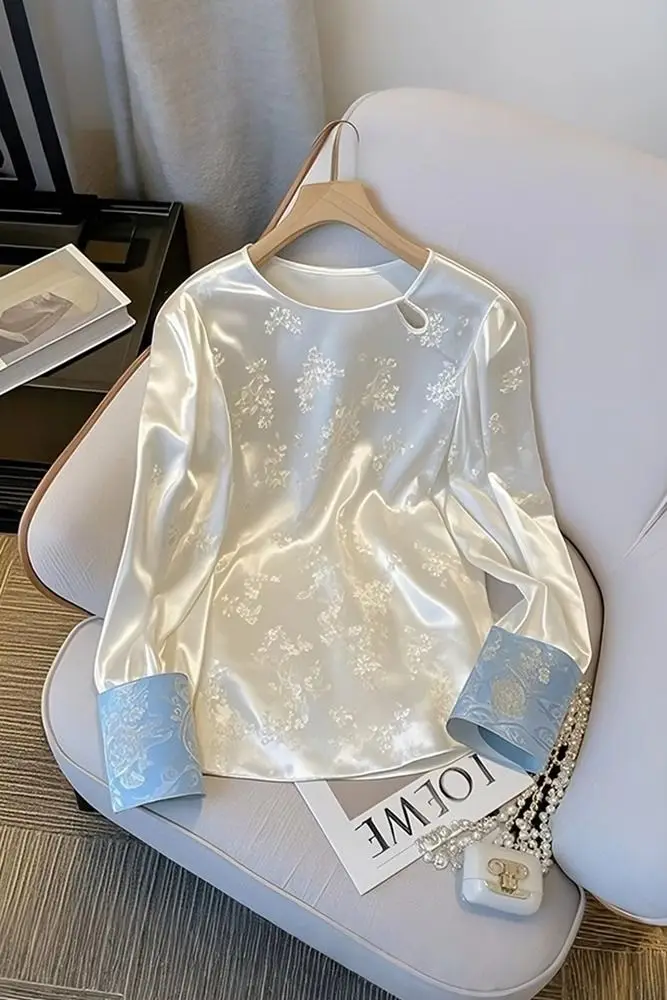 

2025 Spring White Jacquard Satin Blouse for Women High End New Chinese Style Hollow Out Top Unique Design Elegant Oriental Shirt
