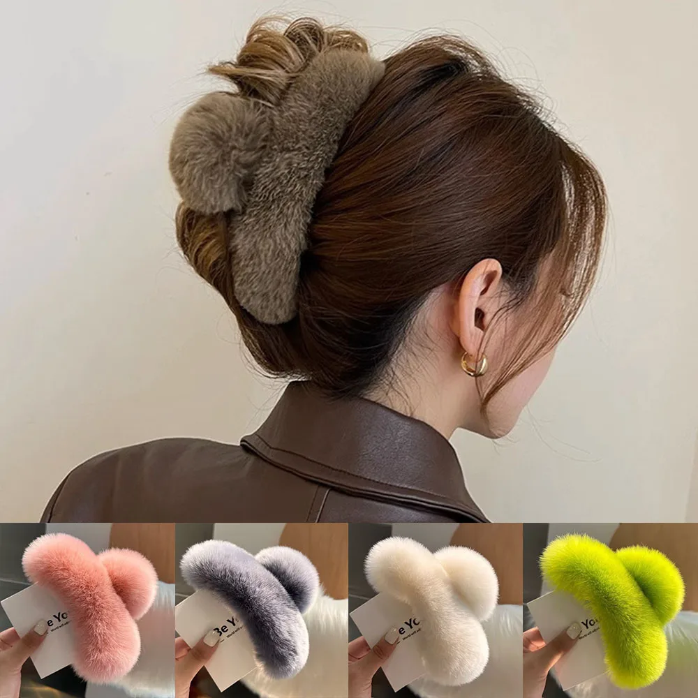 Fashion Fur Big Crab Hair Clip Girls Rabbit Hair Claw Clips Hairpin Back Barrettes Cute Plush Ponytail Akcesoria do włosów dla kobiet