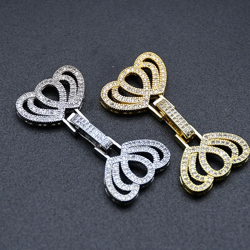 

High Quality Silver Gold Plated CZ Paved 6 Layer Hole Big Size Double Heart Lock Clasp Connector for Women Jewelry Making