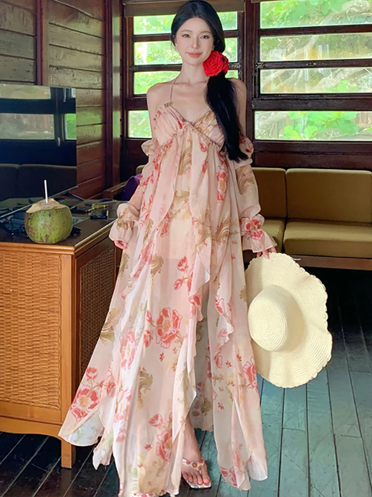 

Summer Pink Floral Backless Sexy Sling Long Dress 2025 New Elegant Casual Beach Dress Women Korean Fashion Bodycon Evening Dress