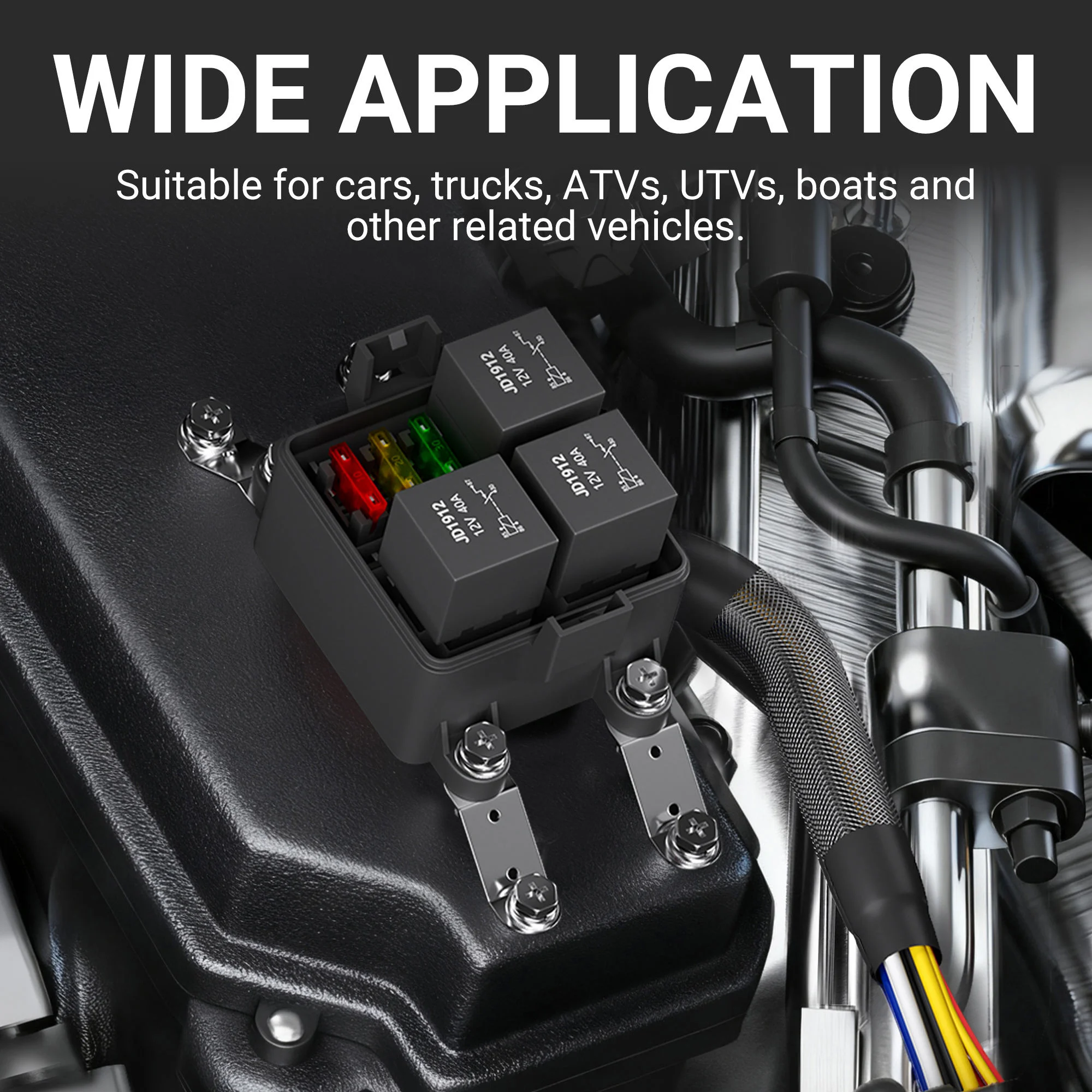 Fuse and Relay Box, Motorcycle Fuse Relay Box, 12V Waterproof Pre‑Wired 3‑Way, with 3‑Piece 4‑Pin 40A Relay Holders