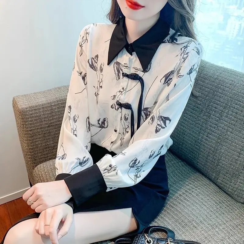 Temperament Printed Long Sleeved New Chinese Women's Spring Polo Collar with Button Embroidery Loose Single Breasted Shirt Tops